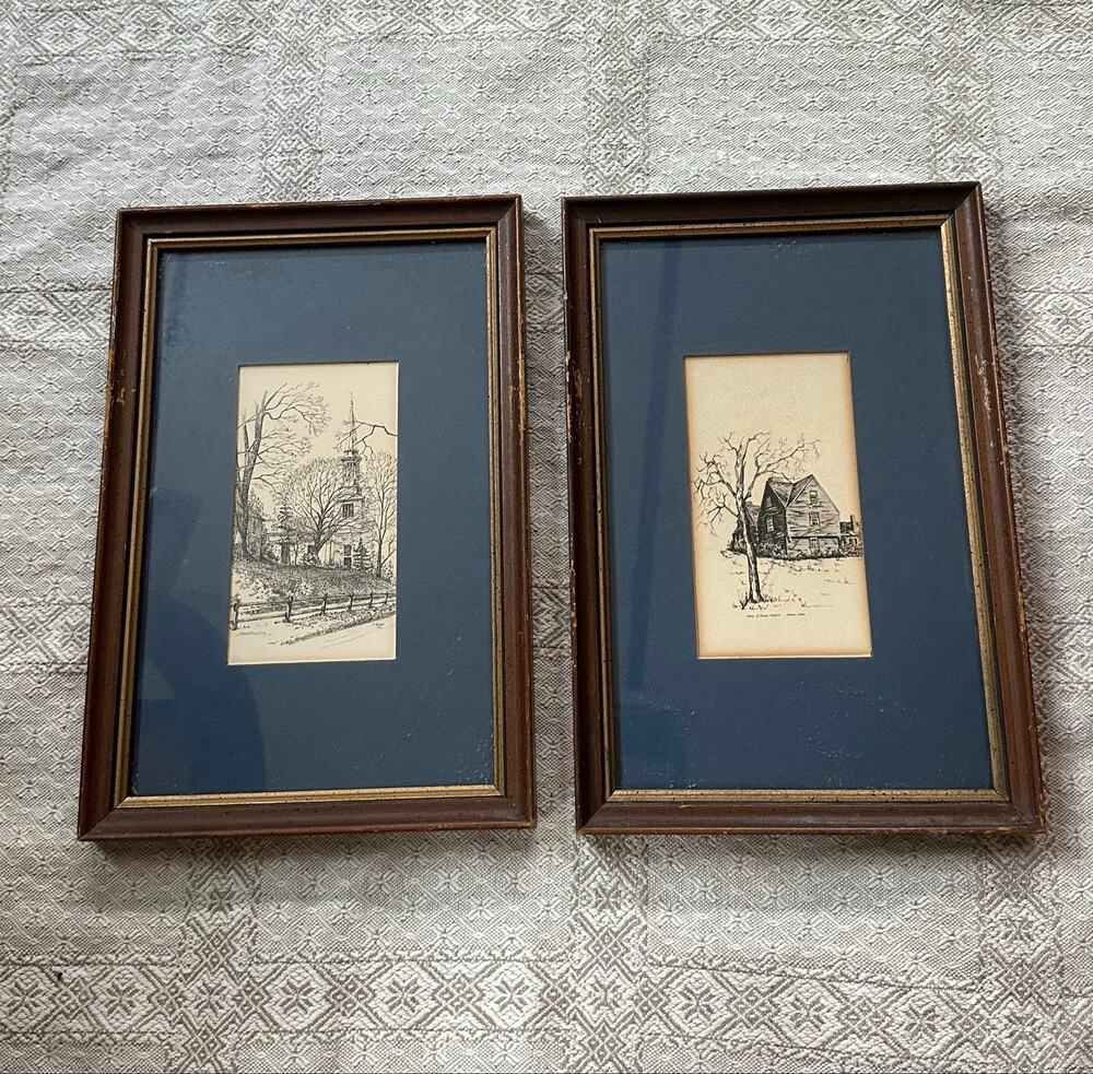 Vintage Clark M. Goff Country Etching Prints set of two wooden frame blue